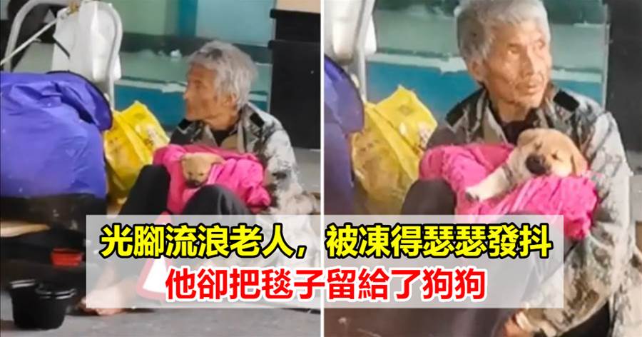光腳流浪老人，被凍得瑟瑟發抖，他卻把毯子留給了狗狗