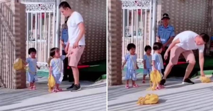 寶爸接三胞胎放學遲到了，女兒們氣憤「扔書包」，門衛阿貝笑到合不攏嘴